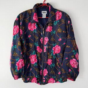 90s vintage multicolor floral rose print pure silk light zip up bomber jacket